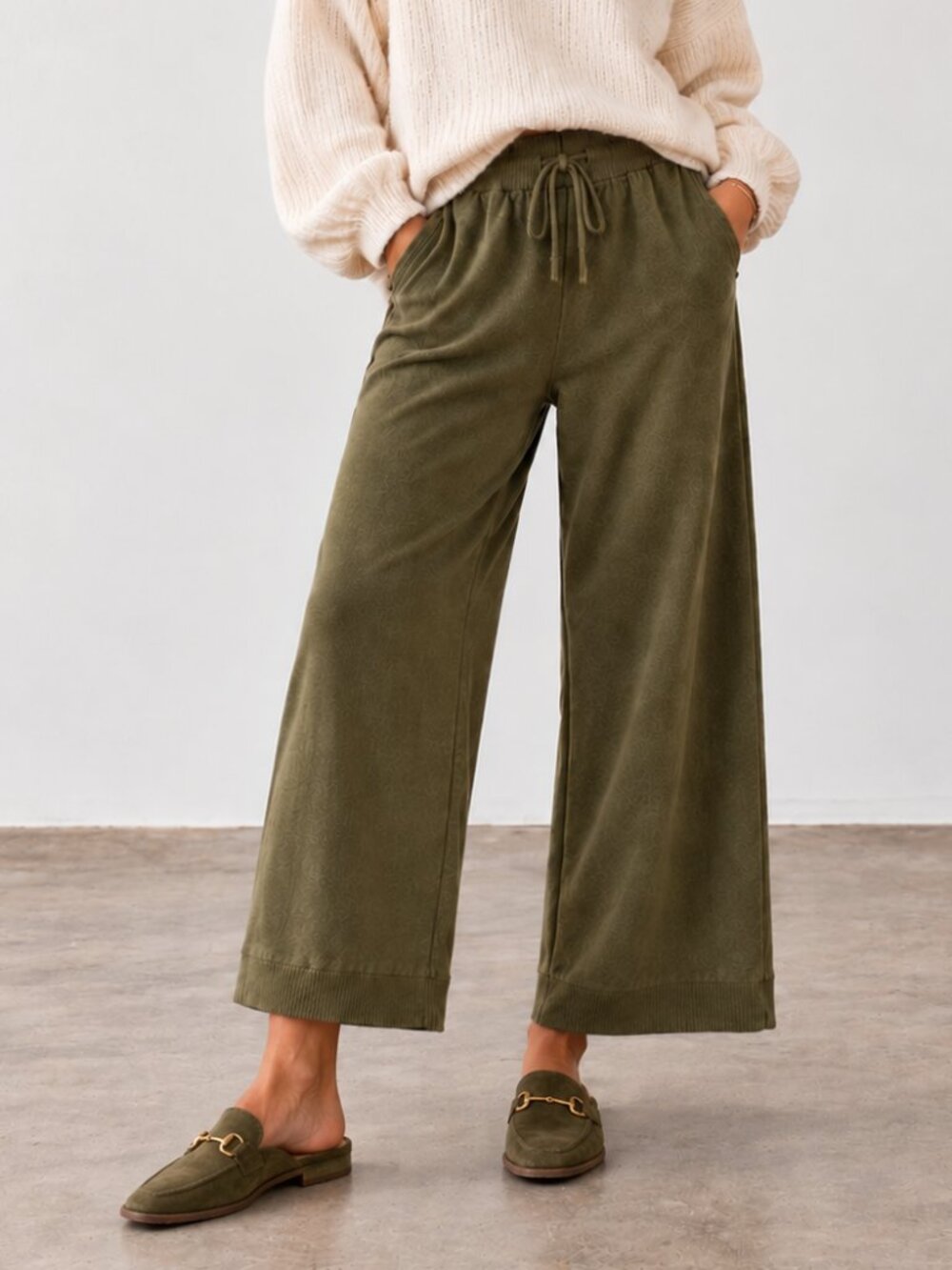 BANANA REPUBLIC Olive Green Knit Wide Leg Cropped Sweater Pants Sz XS EUC
